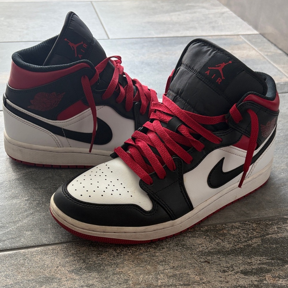 Air Jordan 1 Mid “Gym Red Black Toe” Sneakers in White, Black & Red